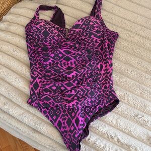 Pink and Black Patterned One-Piece Swimsuit - XL